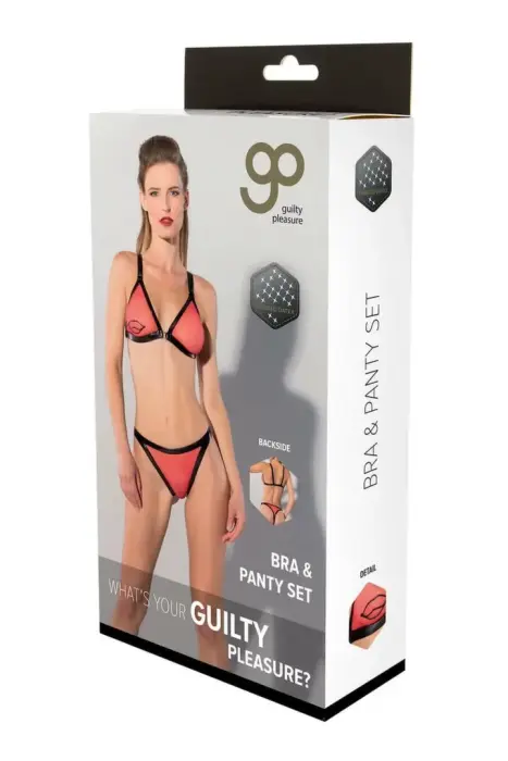 Guilty Pleasure Printed Datex Bra & Panty Set – Printed Datex bra and panty set with semi-transparent red fabric and black latex details – red/black – Size: XL