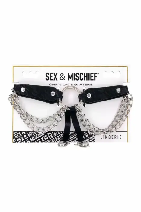 Sportsheets Sex and Mischief – кружевные подвязки с цепочками – искусственная кожа – регулируемые – чёрные