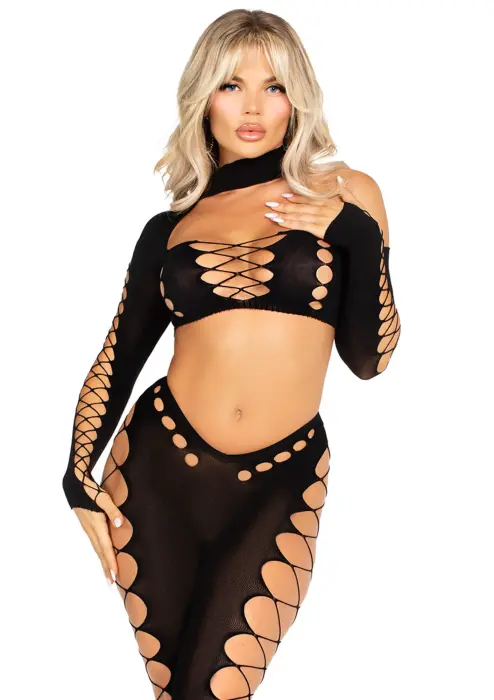 Seamless Cut-Out Crop Top and Legging Set – Black – One Size