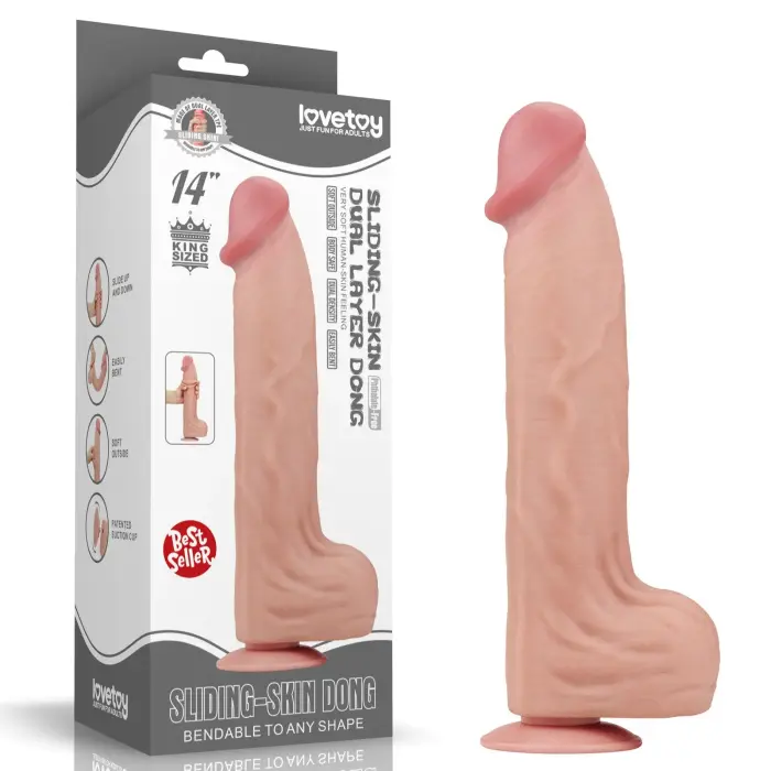 LoveToy – дилдо king size со скользящей кожей из двух слоёв – телесный – 35,6 см