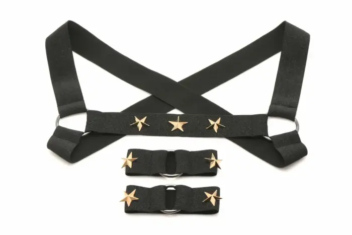 XR Brands Chest Harness & Arm Bands Black Adjustable Set 89-102cm