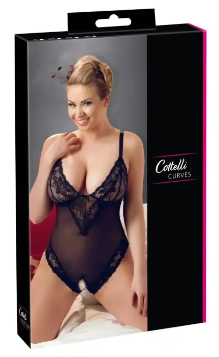 Black Powernet Bodysuit with Lace and Open Crotch – 3XL