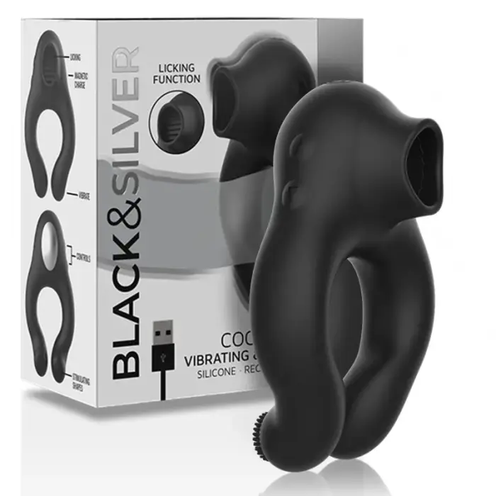Black&Silver Licking Silicone Ring – 3 motors – rechargeable – black