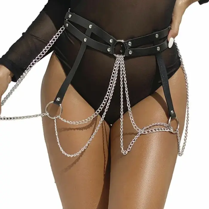 Subblime Black Leather Chain Belt – Adjustable with Metal Rings, One Size