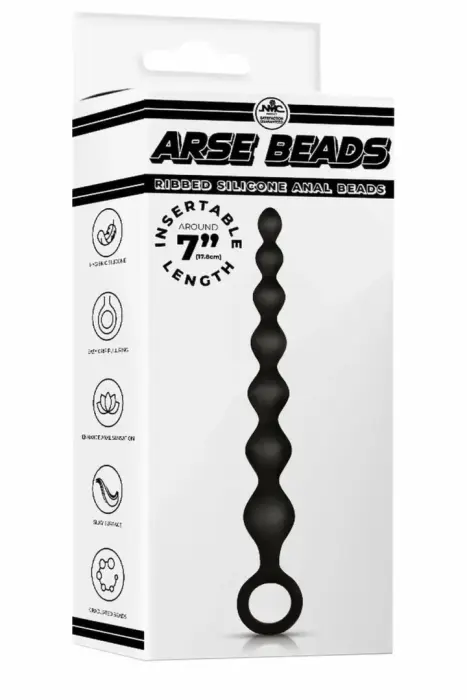 NMC 7 Inch Ribbed Silicone Anal Beads – black – graduated design – 17.8 cm