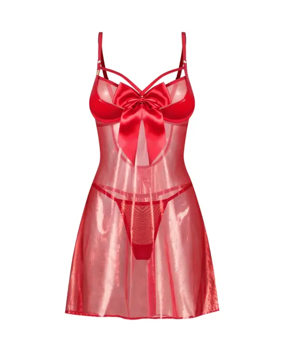 Gifty – sheer babydoll and thong with satin bow – red – S/M
