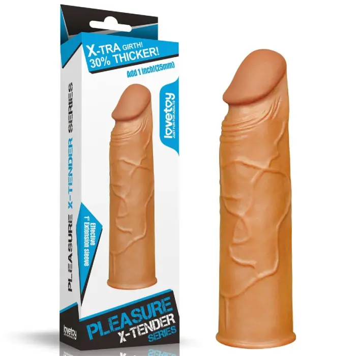 Add 1" Pleasure X Tender Penis Sleeve – TPE penis extender sleeve – Color: Brown