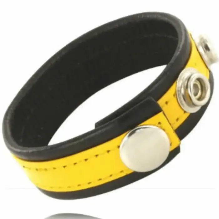 Metal Hard – adjustable leather cock and ball strap with metal hooks – yellow/black