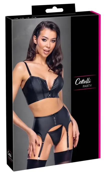 Cottelli PARTY korsett-top, sukahoidja ja stringide komplekt lukkudega – must – S