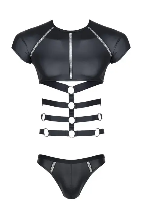 Meeste wetlook komplekt: T-särk elastsete rihmadega, stringid dekoratiivse paelaga eest - M Photo