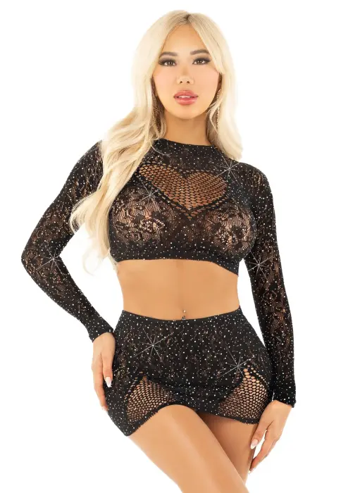 Leg Avenue Rhinestone Crop Top and Mini Skirt Set – Black – One Size