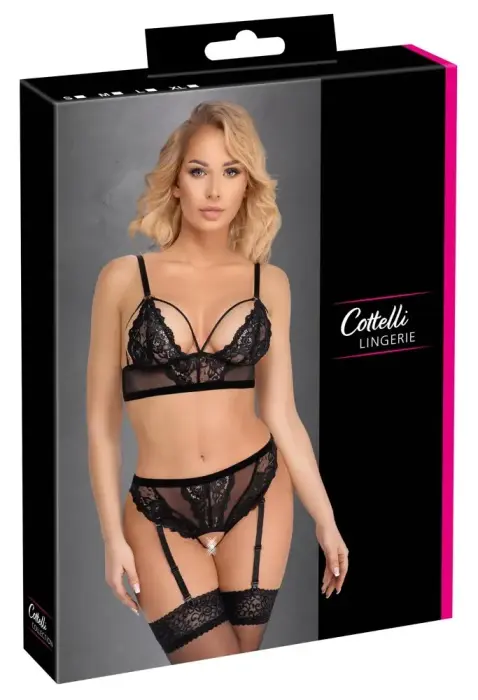 Cottelli LINGERIE Lace & Powernet Bra and Suspender Thong Set – Black – XL