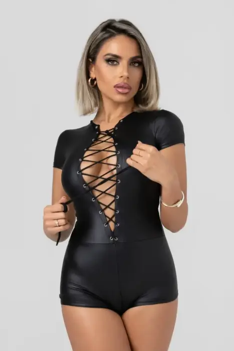 Christine Lilith Short-Sleeve Bodysuit Black Wetlook, Criss-Cross Front