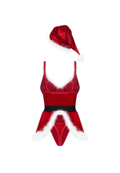 Obsessive Hot Santa – 3-piece Christmas costume: velvet body with feathers, belt and hat – S/M