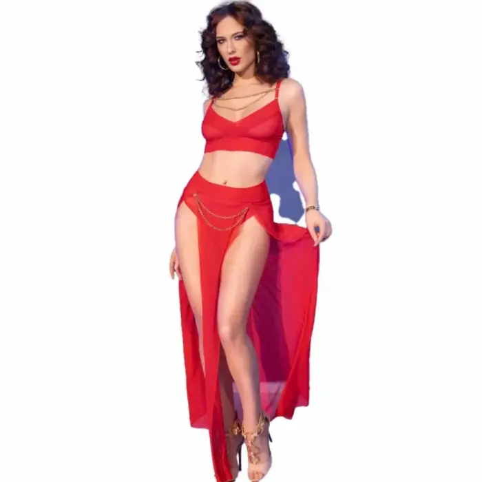 Chilirose CR 4850 Red Tulle Top & Leggings Set with Gold Accents – L