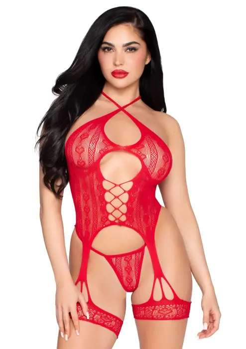 Leg Avenue Cami Suspender Set with G-String – Red – One size