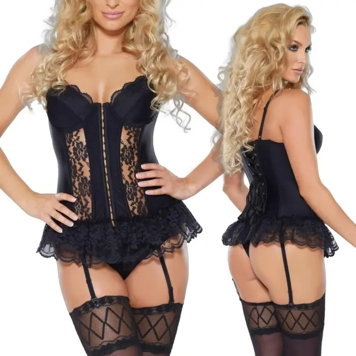Roxana Corset and Thong Set with Garters – Black – M