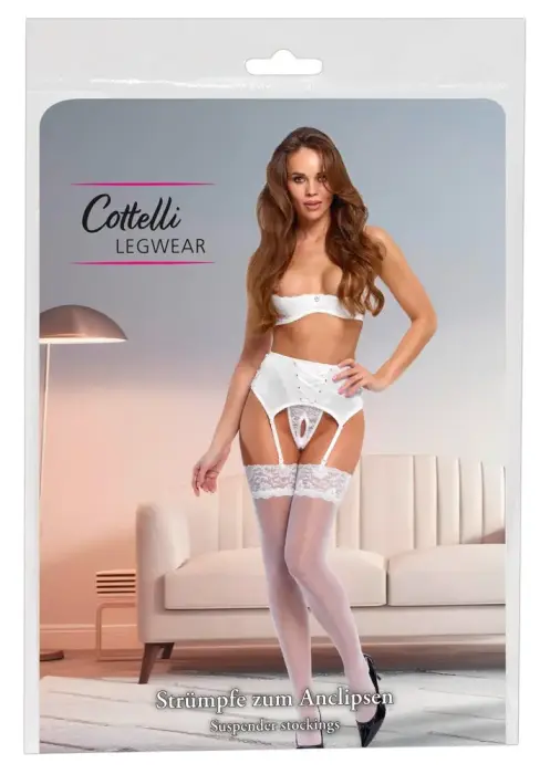 Cottelli LEGWARE белые чулки XL с широкой кружевной лентой, 20 ден