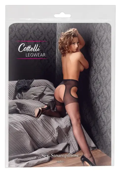 Cottelli Collection mustad sukahoidja imitatsiooniga sukkpüksid pitsdekoriga – S/M