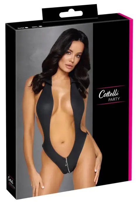Cottelli PARTY Bodysuit M/L – Black Matte Look, Open Back, Collar Accent