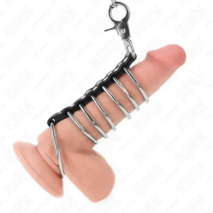 KINK – 7 steel cock and ball rings with 100 cm leather-metal chain – silver/black