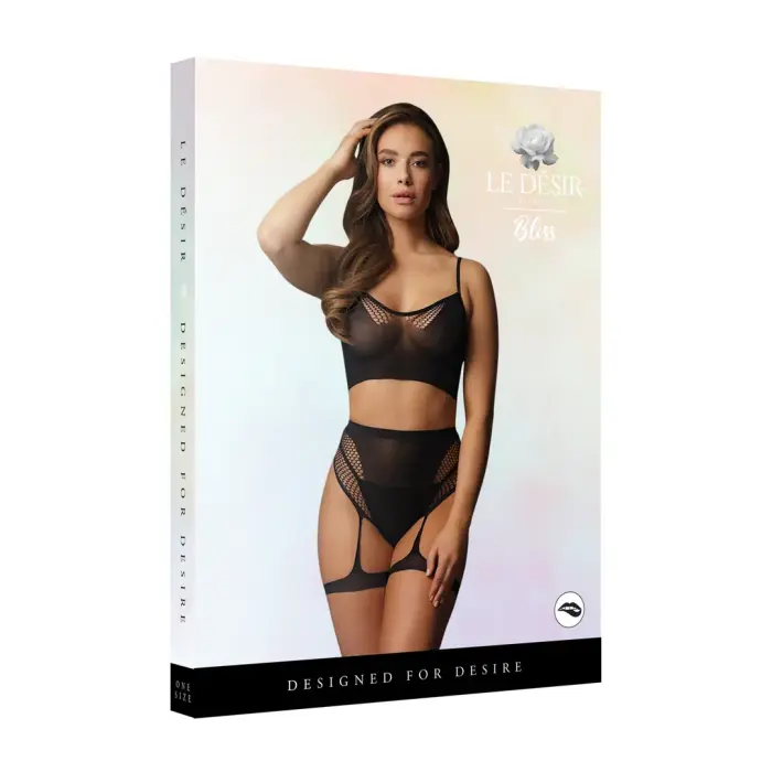 2-Piece Bra Set with Garters – Black – One Size