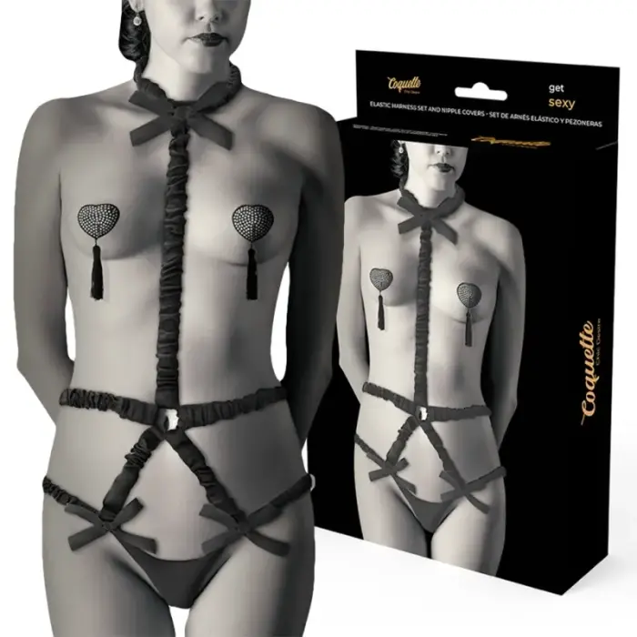 Coquette Chic Desire Elastic Harness Set with Nipple Covers – Black