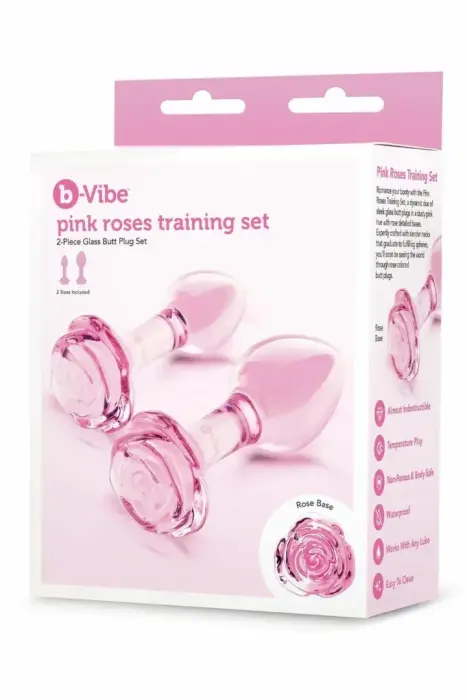b-Vibe Pink Roses – набор анальных пробок из боросиликатного стекла с розочкой на основании – 2 шт. – розовый