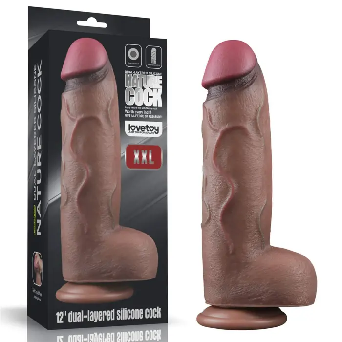 LoveToy – двухслойный силиконовый дилдо XXL – реалистичный большой фаллоимитатор на присоске с мошонкой – 30,5 cm (12'')
