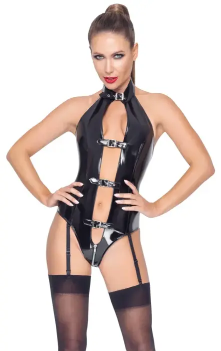 Black Level Vinyl Bodysuit with Buckles and Halterneck – Black – S Photo