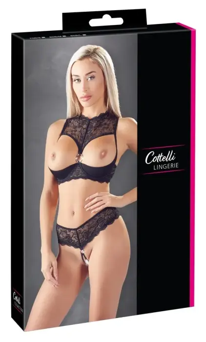 Cottelli Collection комплект бюстгальтера и стрингов с кружевом и декоративным кольцом – чёрный – 85B/L