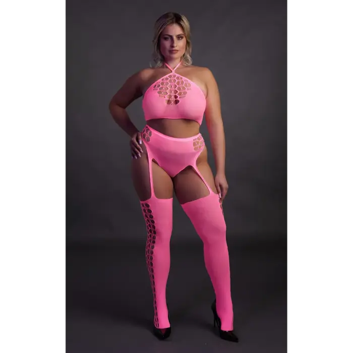 Two Piece Crop Top and Stockings Set – Neon Pink – Plus Size Photo