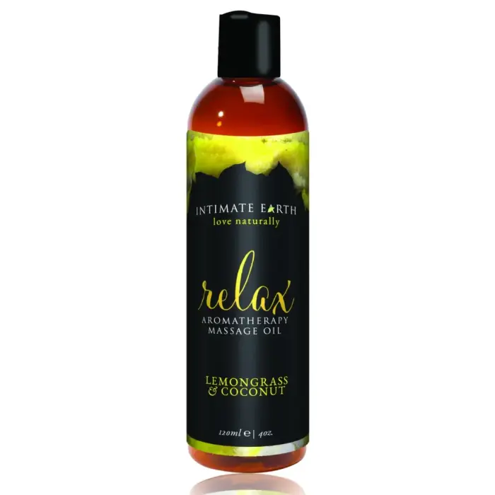 Intimate Earth Relax masāžas eļļa – citronzāle un kokosrieksts – 120 ml