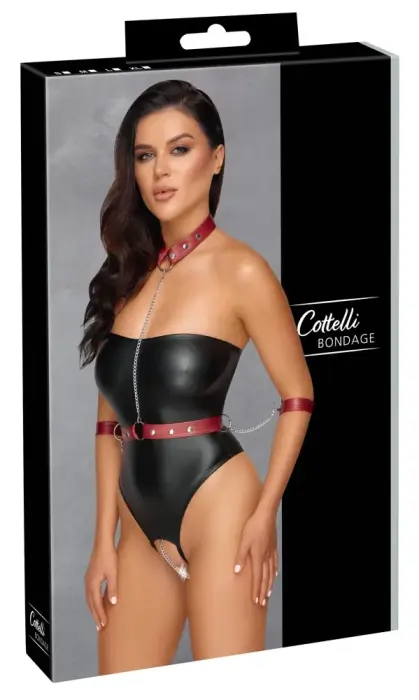 Cottelli BONDAGE bezlencu bodijs ar atvērtu starpkāju – melns/sarkans – S