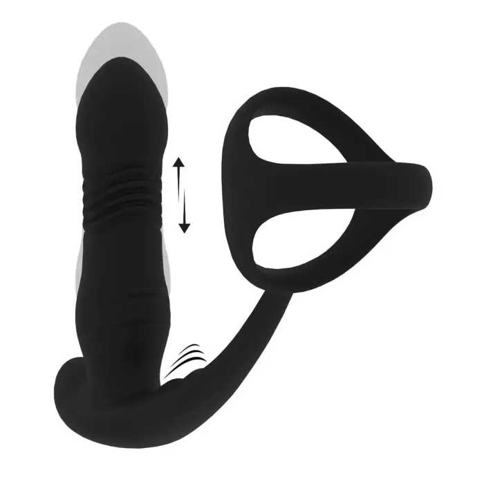 Vibrating and Thrusting Silicone Prostate Massager with Tri O Cockring – 15 cm – Black