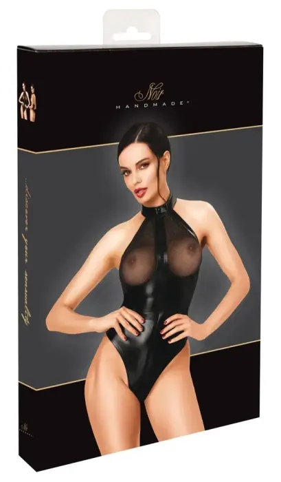 Noir Handmade – wetlook thong bodysuit with transparent cups and 3-way zip – black – XL