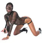 Bad Kitty Black Net Basque Set with Mask, Choker, and Flogger – S Photo