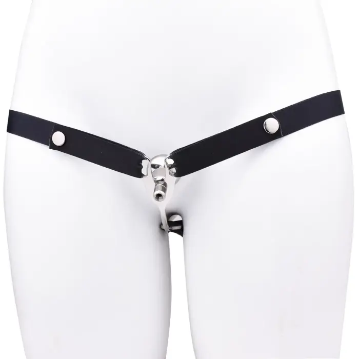 Male-to-Female Chastity Device – polished metal – adjustable elastic belt – 85–130 cm waist