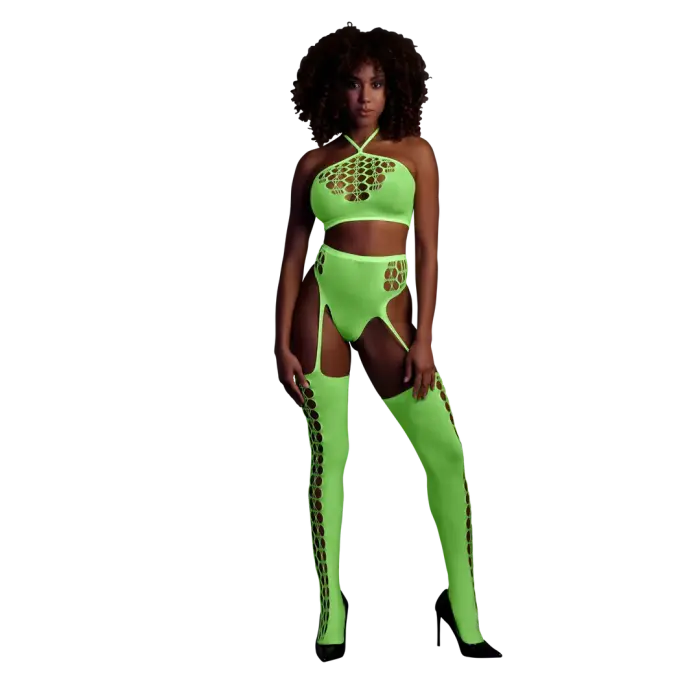 Two Piece Set with Crop Top and Stockings – Neon Green – One Size Photo
