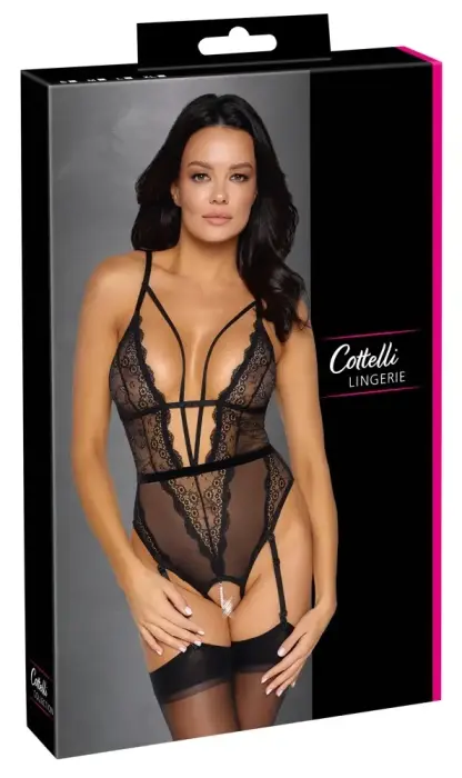 Cottelli LINGERIE mežģīņu un tīkliņa bodijs ar noņemamām pērlītēm – melns – XL