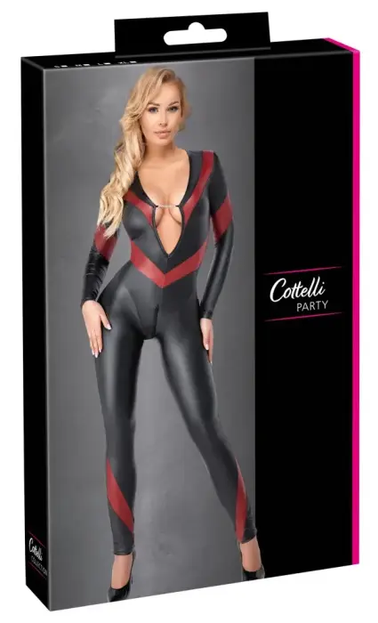 Cottelli PARTY Long Sleeve Jumpsuit with Red Stripes – Black/Red – M
