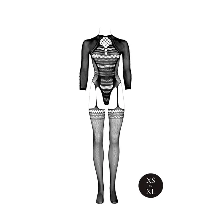 Mesh Bodysuit with Long Sleeves and Short Turtleneck - OS - Black Photo