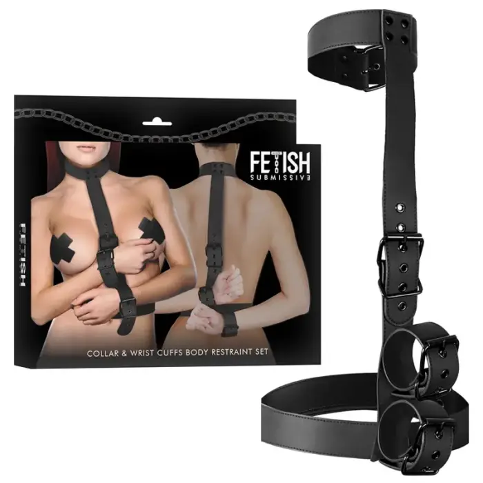 Fetish Submissive Adjustable Vegan Leather Collar & Wrist Restraint Set
