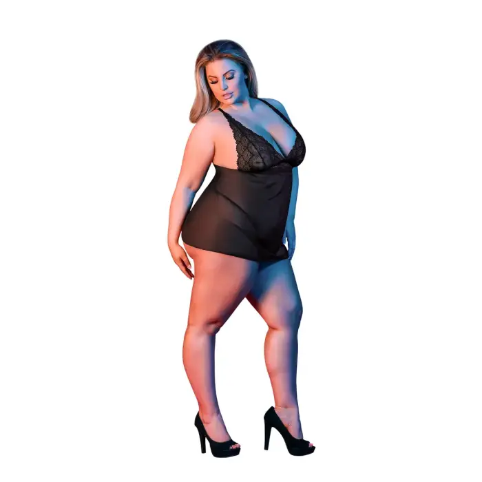 Babydoll naktinukai su atvira nugara ir stringų komplektu – 2XL – juodi Photo