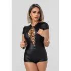 Christine Lilith – īsroku wetlook bodysuit ar krusteniskām šņorēm – melns – M — Foto 1