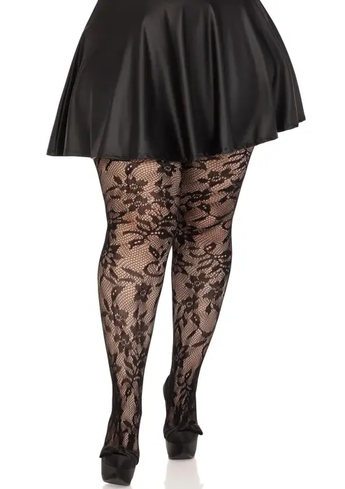 Leg Avenue Plus Seamless Floral Lace Pantyhose – Black – 1X/2X
