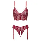Cottelli LINGERIE mežģīņu garais krūšturis un stringi ar zeķturiem un ķēdēm – tumši sarkans – XL — Foto 7