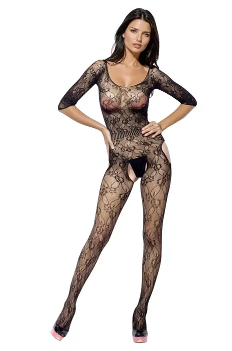 Mesh Bodystocking with Floral Pattern and Open Back – Black – S/L Photo
