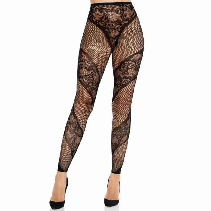 Leg Avenue mežģīņu un caurspīdīgas bezpēdas zeķubikses – melnas – One size
