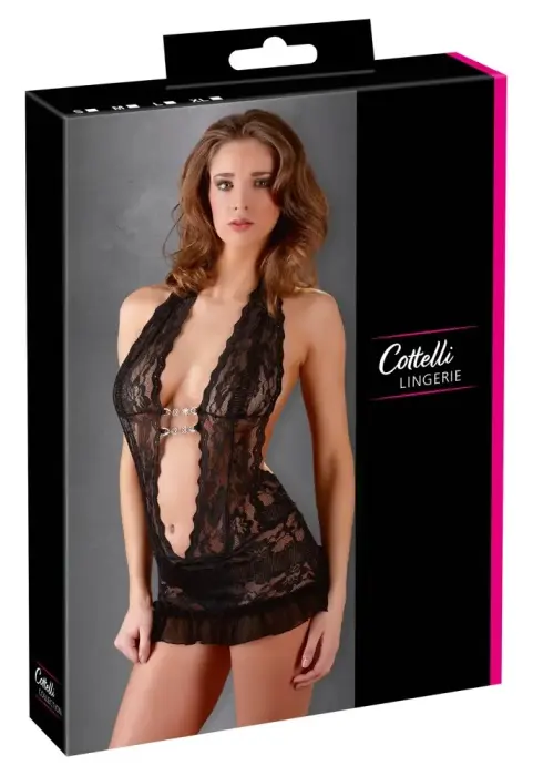 Cottelli Collection Lace Halterneck Dress Black S with Chain Detail